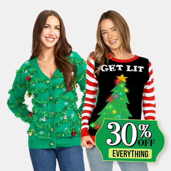 shop 30% off christmas sweaters - image of models wearing womens gardy garland ugly christmas cardigan sweater and women's get lit ugly christmas sweater