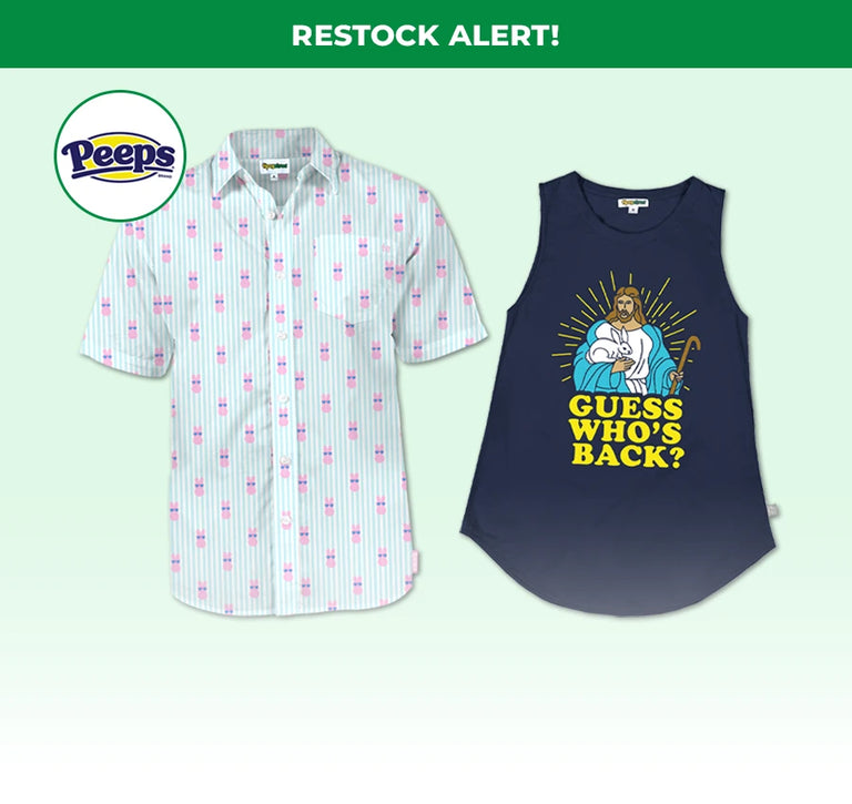 shop easter clothing - Men's PEEPS® Shady Lil' Sugar Button Down Shirt and Women's Guess Who's Back Tank Top