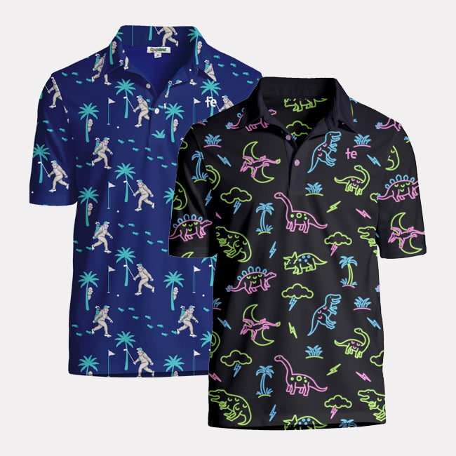 shop golf polos - men's neon dinosaur and men's bigfoot bogey golf polos