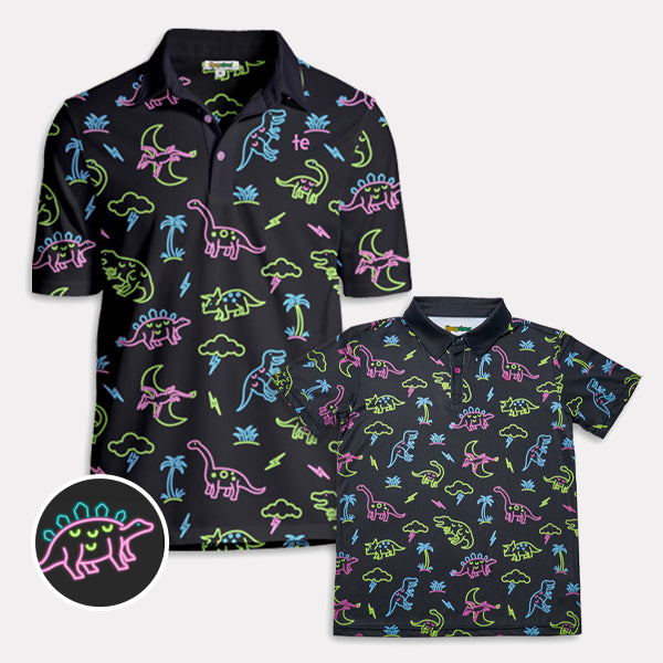 shop daddy & me clothing - men's neon dinosaur golf polo and boy's neon dinosaur golf polo