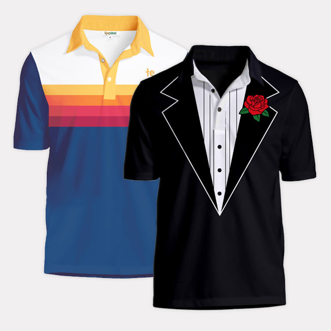 shop polo shirts - men's slice of sunset and men's tuxedo polo shirts