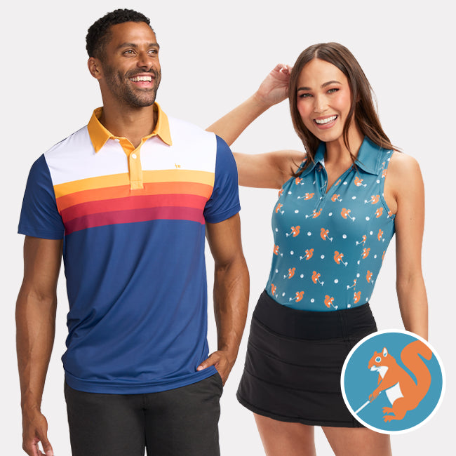 shop polo shirts - men's slice of sunset and women's squirrel golf polo