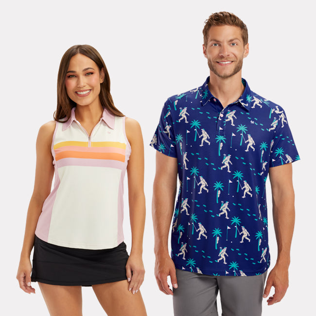 shop polo shirts - women's stroke of sunset golf polo and men's bigfoot bogey golf polo