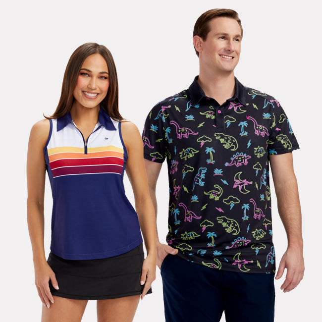 shop golf polos - men's neon dinosaur and women's slice of sunsets golf polos