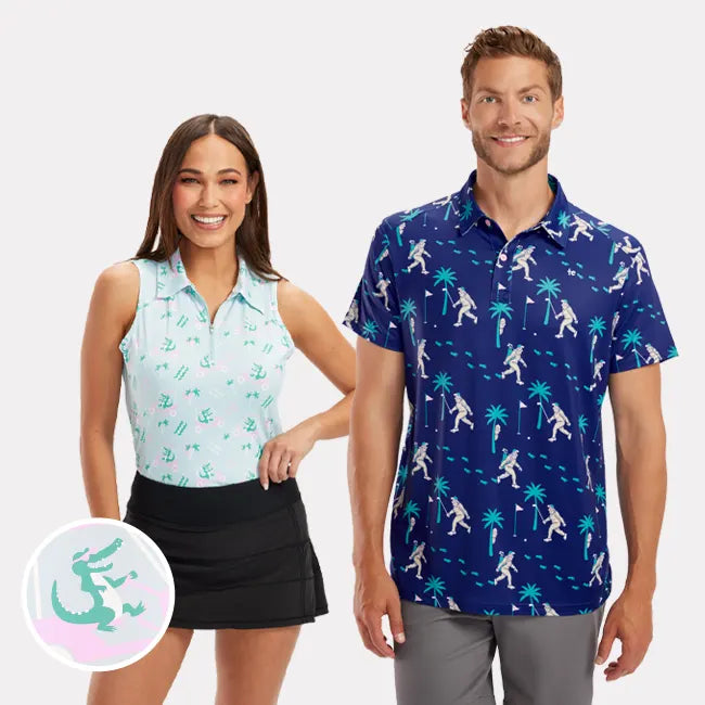 shop golf polos - men's Bigfoot bogey and women's golf cart gator golf polos