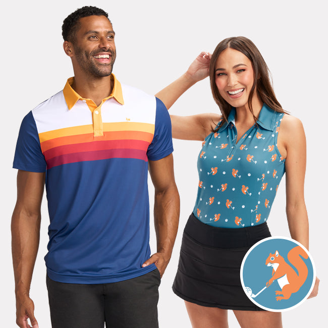 shop polo shirts - men's slice of sunset and women's squirrel polo shirts 