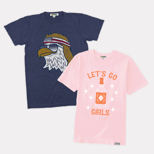 shop graphic shirts - men's epic eagle tee and women's let's go girls tee