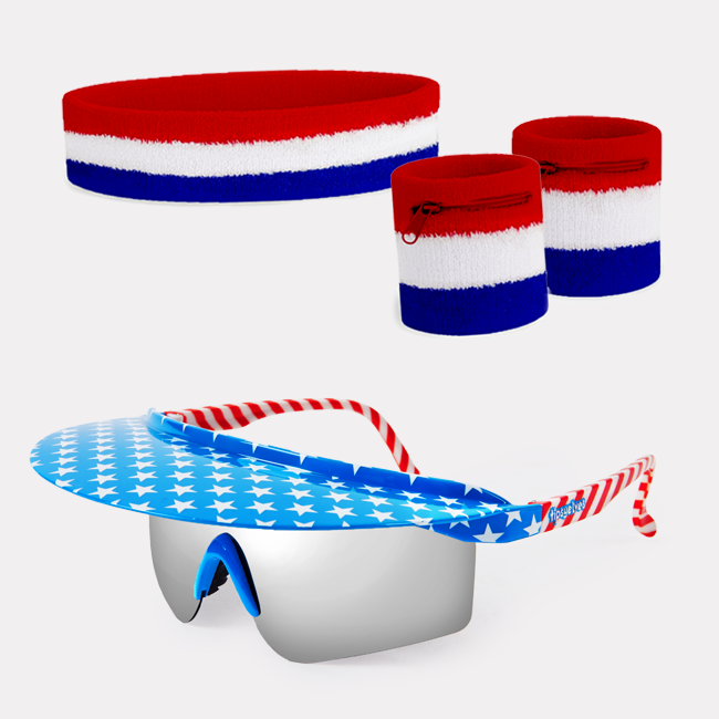 shop accessories - image of say can you see shaded sunglasses and patriotic zippered sweatband set