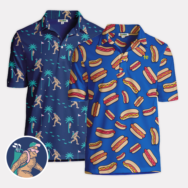 shop polo shirts - image of men's Bigfoot bogey and men's hot dog golf polo shirt