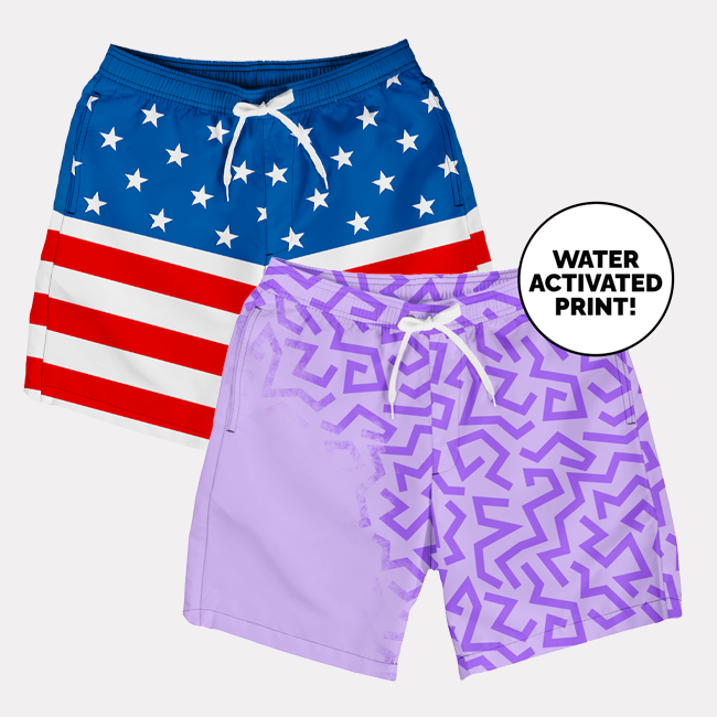 shop swim trunks - men's american flag and funky freestyle color changing swim trunks