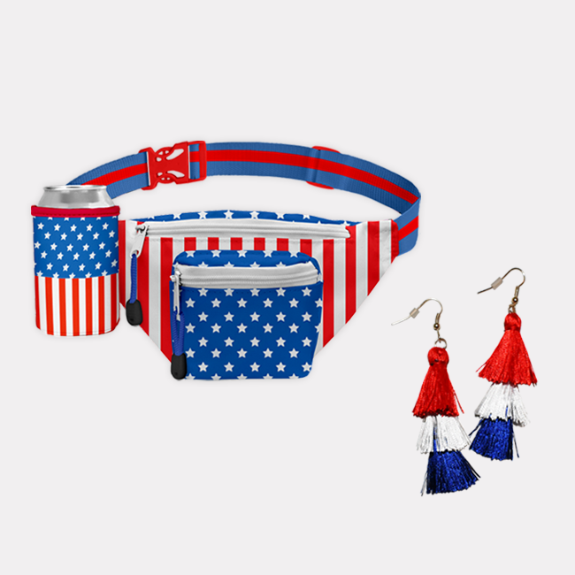 shop accessories - image of freedom fanny pack with drink holder and patriotic tassel earrings