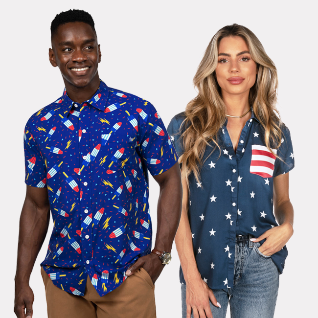 shop button downs - models wearing men's grand finale and women's classic flag button down shirt