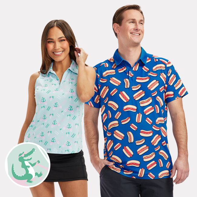 shop polo shirts - models wearing women's golf cart gator and men's hot dog golf polo shirt