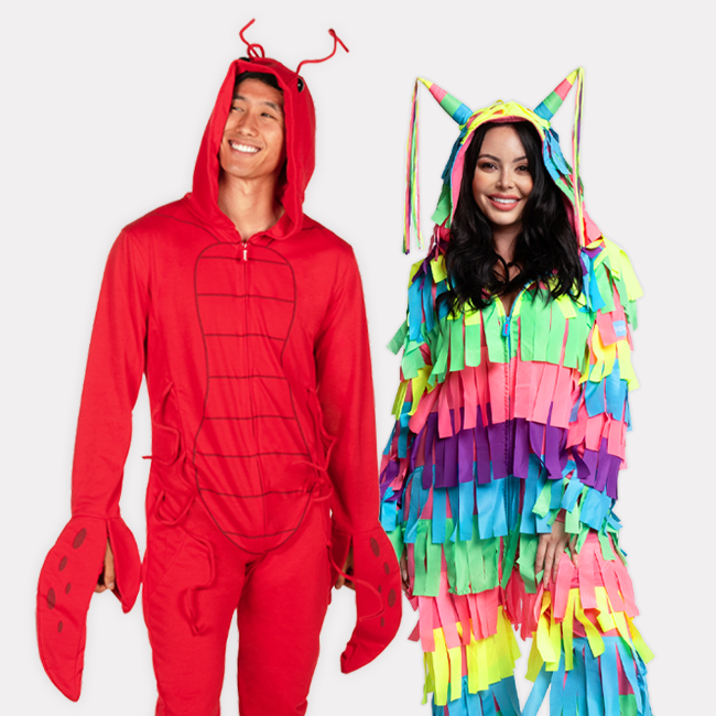 shop onesies - models wearing men's lobster costume and women's pinata costume