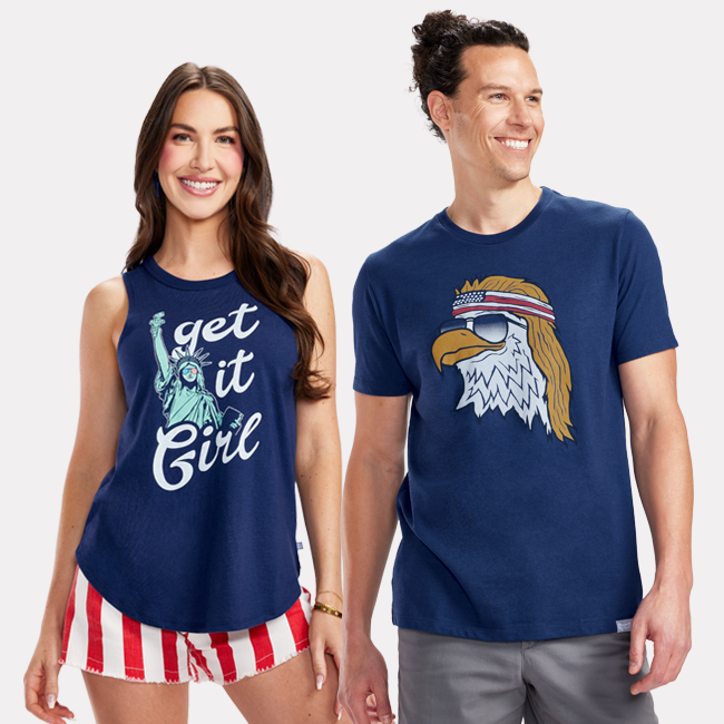 shop graphic shirts - models wearing women's get it girl tank top and men's epic eagle tee