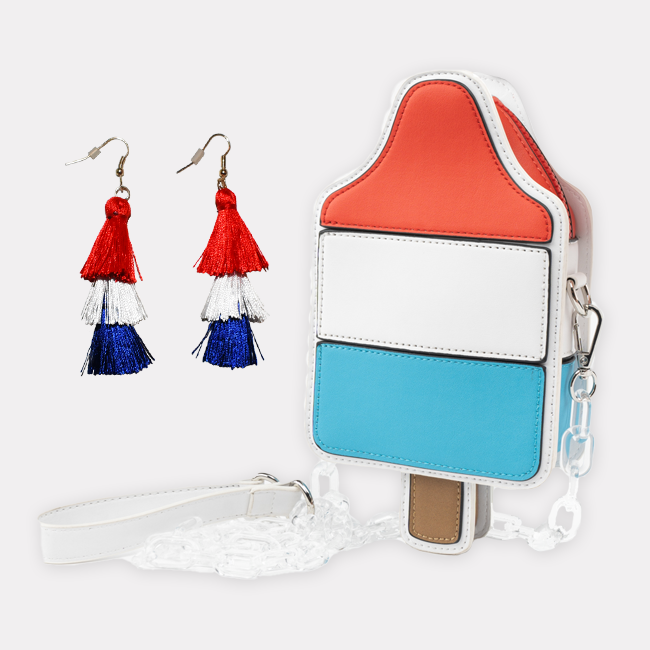 shop accessories - image of patriotic tassel earrings and grand finale purse