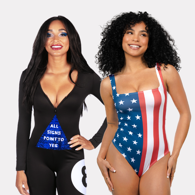 shop bodysuits - models wearing women's magic fortune ball bodysuit and women's american flag bodysuit