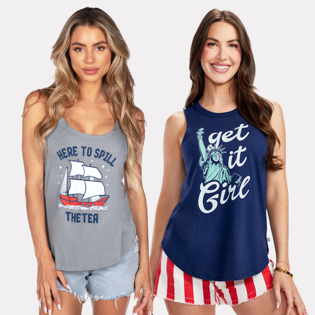 shop graphic shirts - models wearing women's here to spill the tea tank top and women's get it girl tank top
