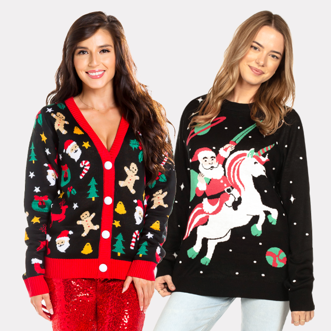 shop sweaters - models wearing cookie cutter ugly christmas cardigan sweater and women's santa unicorn ugly christmas sweater