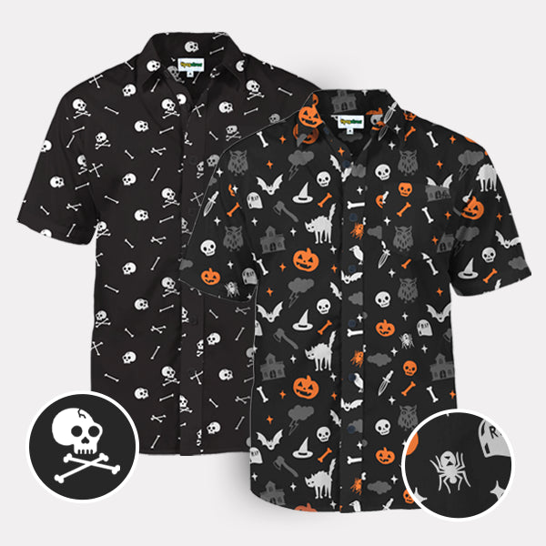 shop halloween clothing - men's skeleton button down shirt and men's halloween night button down shirt