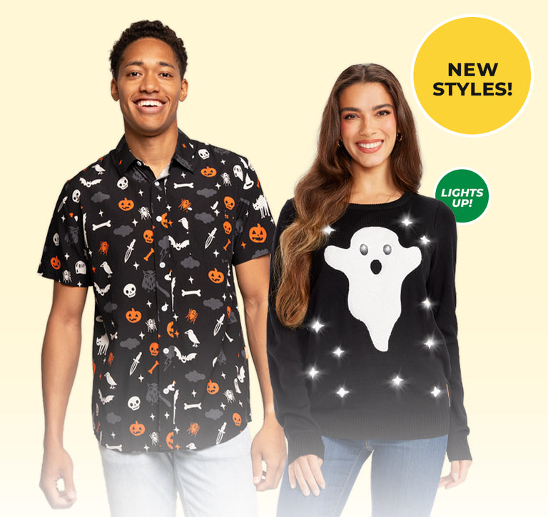 shop halloween clothing - men's halloween night button down shirt and women's ghost light up sweater