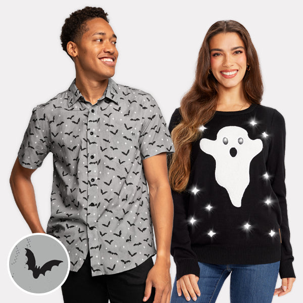 shop halloween clothing - men's bat button down shirt and women's ghost light up sweater