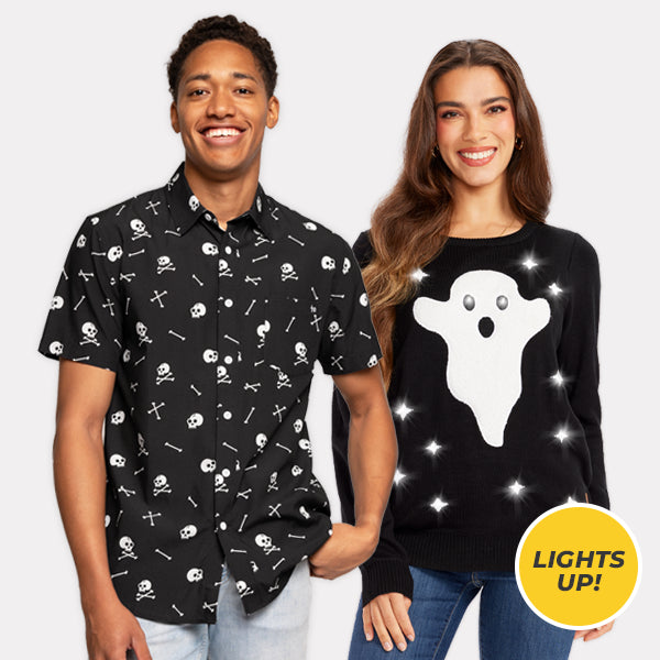 shop halloween clothing - men's skeleton button down shirt and women's ghost light up sweater