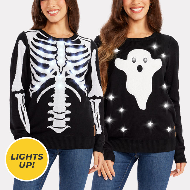 shop sweaters - women's skeleton light up sweater and women's ghost light up sweater