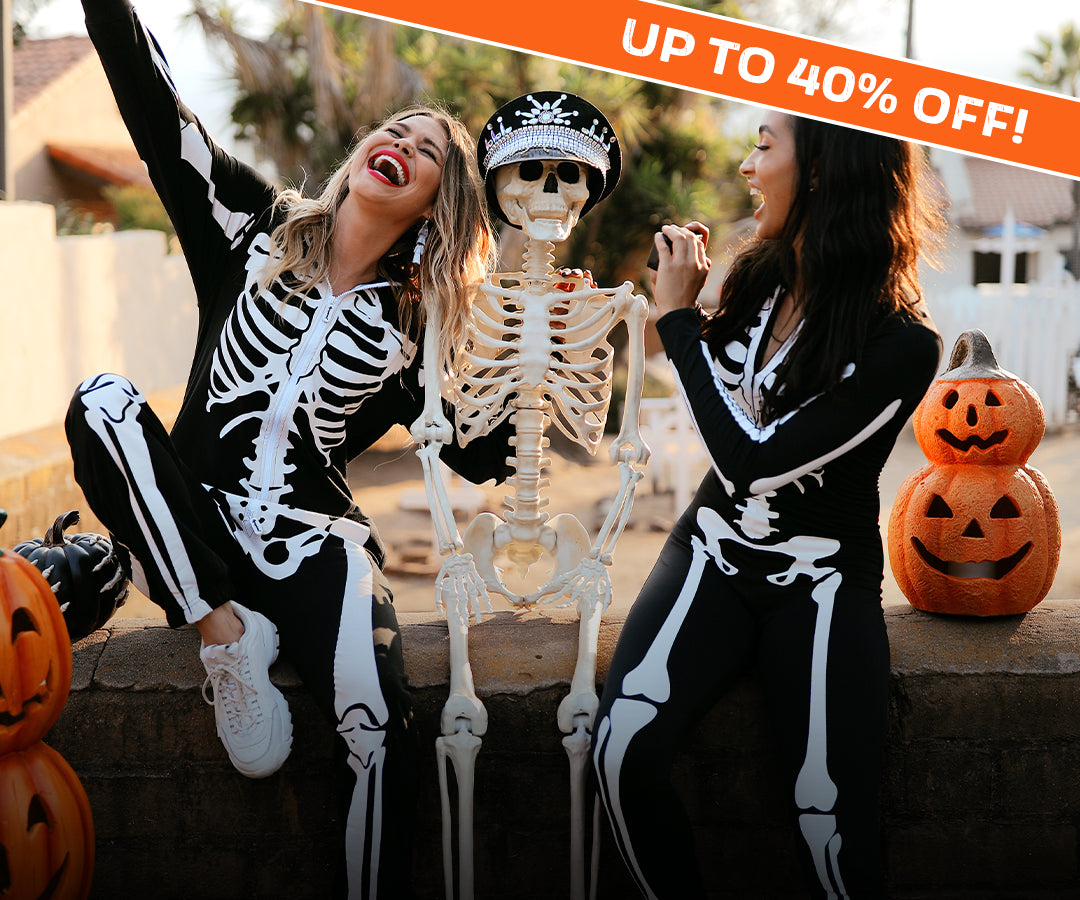 shop women's halloween costumes - models wearing women's skeleton costume and women's skeleton bodysuit costume