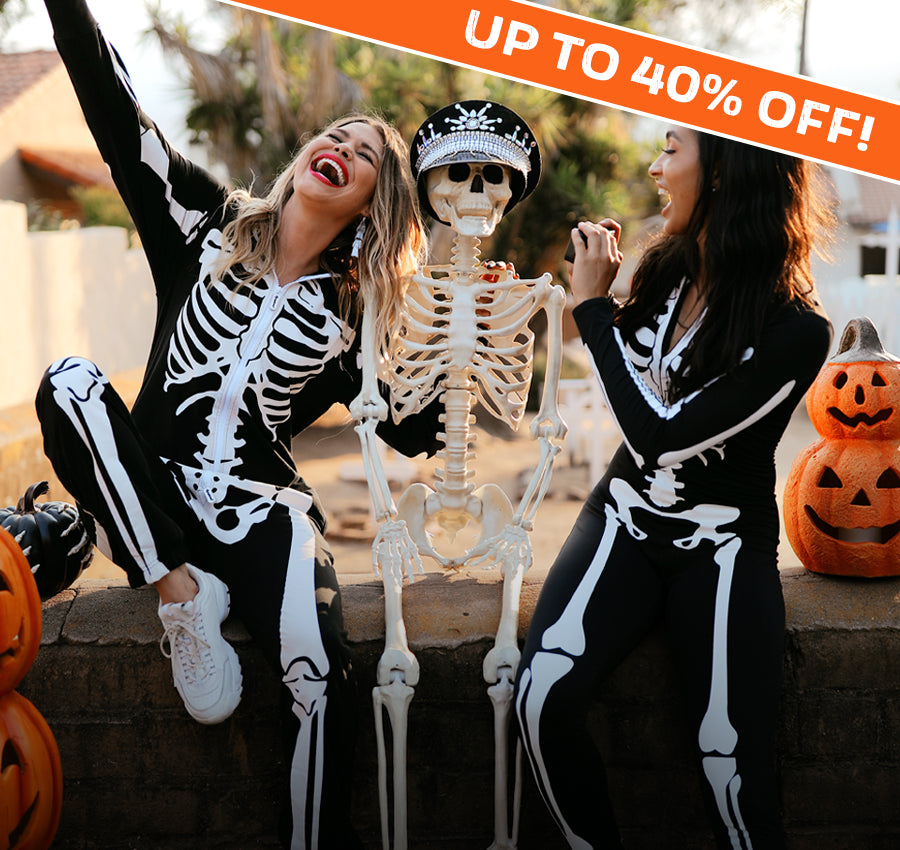 shop women's halloween costumes - models wearing women's skeleton costume and women's skeleton bodysuit costume