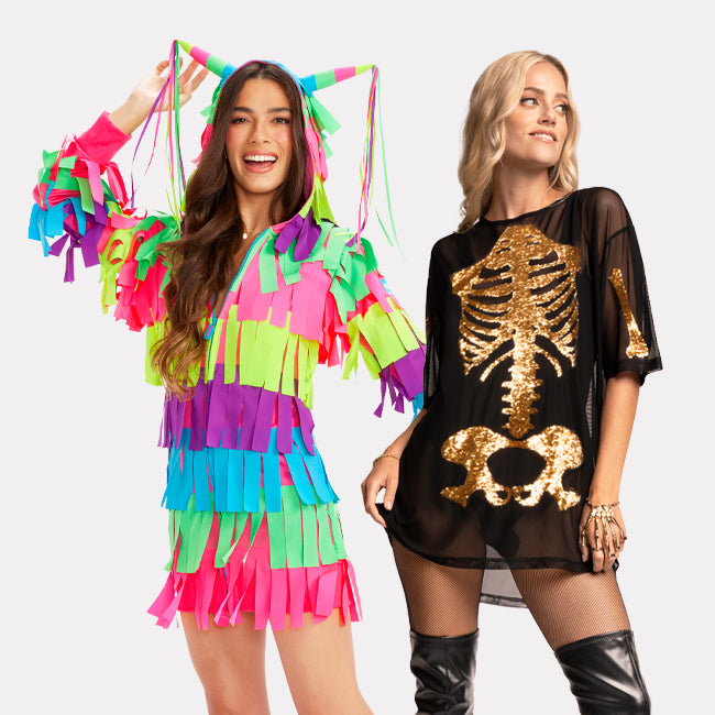 shop dresses - women's pinata costume dress and gold skeleton mesh costume dress