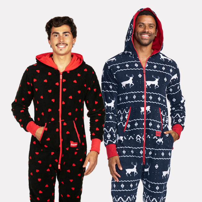 shop onesies - men's blue reindeer and men's hearts on fire jumpsuits