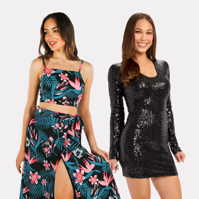 shop dresses - women's black sequin dress and women's breeze botanics 2-piece maxi dress