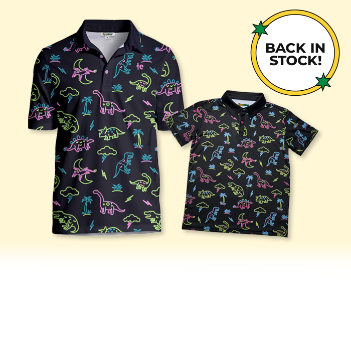 daddy and me golf - back in stock men's neon dinosaur and boy's neon dinosaur golf polo shirts