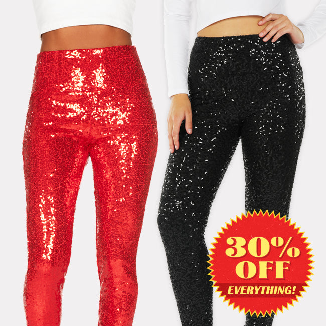 sequin clothing - women's red high waisted sequin leggings and women's black high waisted sequin leggings