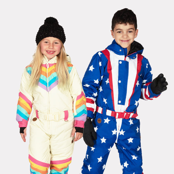 shop kids snow sutis - girl's retro rainbow snow suit and boy's americana snow suit