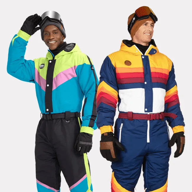 shop ski & snow suits - image of two men wearing snow suits with goggles on