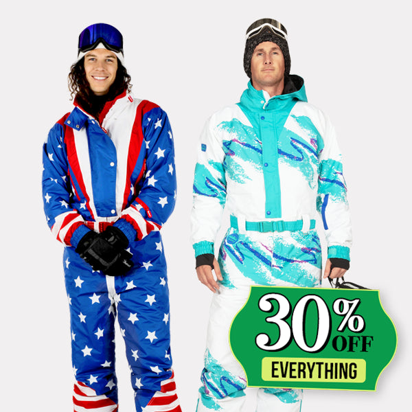 shop 30% off snow suits - image of models wearing men's americana snow suit and men's rip n sip snow suit