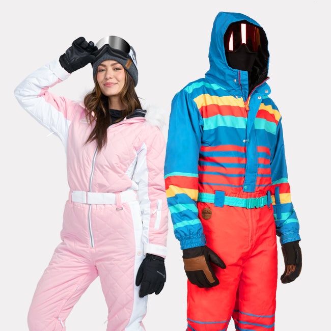 shop ski + snow suits - women's powder pink snow suit and men's dusk run snow suit