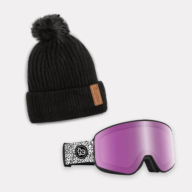 shop snow accessories - image of a beanie and snow goggles