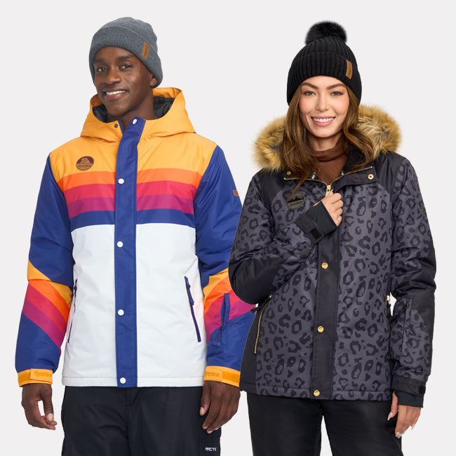 shop snow jackets - men's vintage freestyler snow jacket and women's midnight leopard snow jacket