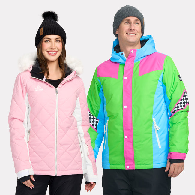 shop snow jackets - men's on your mark and women's powder pink snow jackets