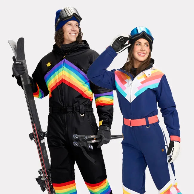 shop snow suits - men's midnight shredder snow suit and women's Santa Fe shredder snow suit