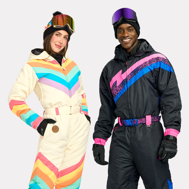 shop snow suits - women's retro rainbow snow suit and men's night run snow suit