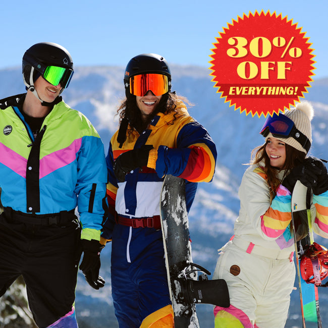 shop snow suits - men's icy blunder snow suit, men's vintage free style snow suit, and women's retro rainbow snow suit