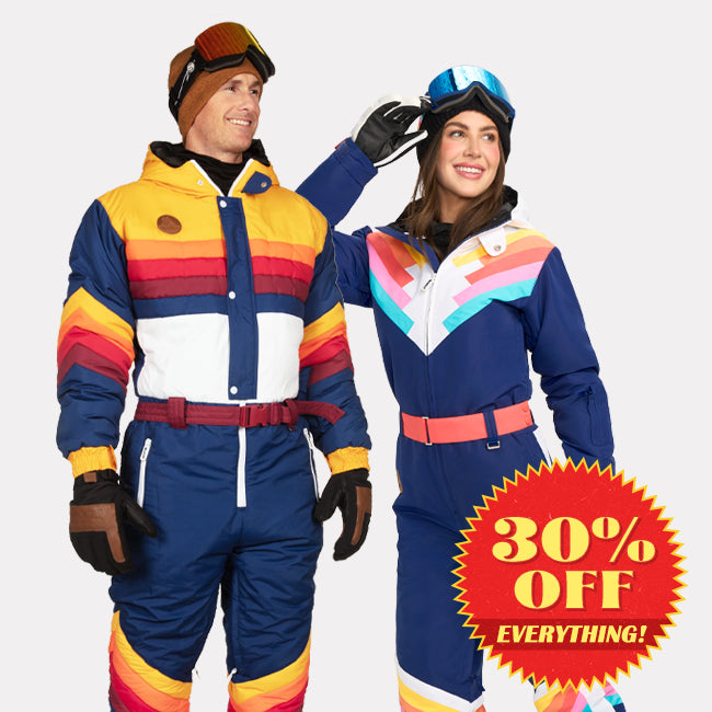 shop ski and snow suits - women's santa fe shredder and men's vintage freestyle snow suit