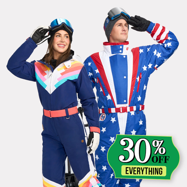 shop ski and snow suits - women's Santa Fe shredder snow suit and men's americana snow suit