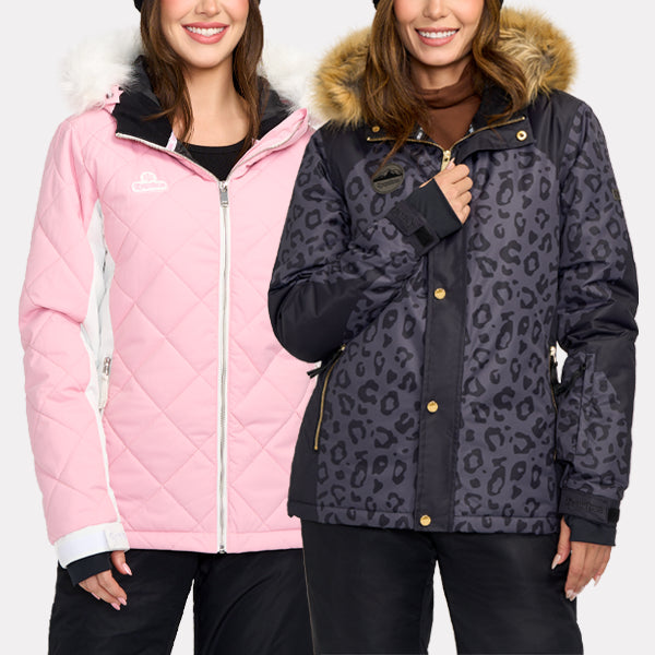 shop snow jackets - women's powder pink snow jacket and women's midnight leopard snow jacket