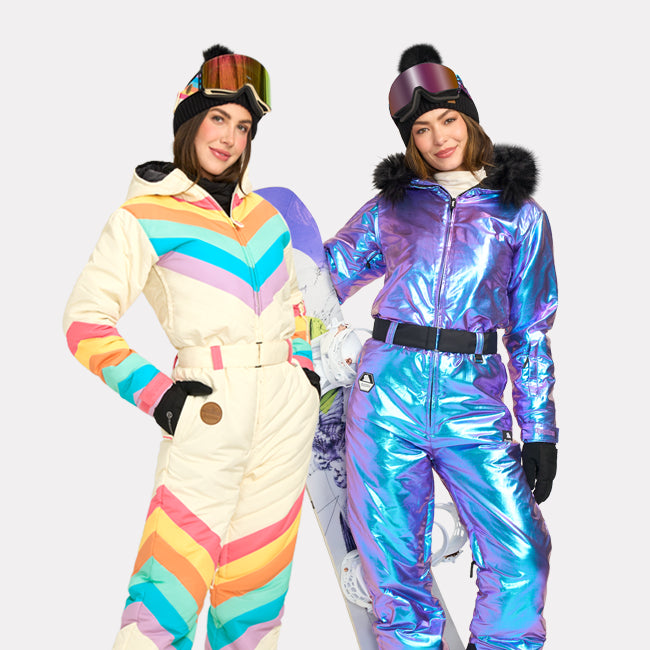 shop snow suits - women's retro rainbow snow suit and women's iridescent iris snow suit