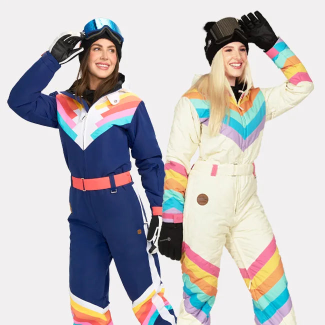 shop snow suits - women's Santa Fe shredder and women's retro rainbow snow suits